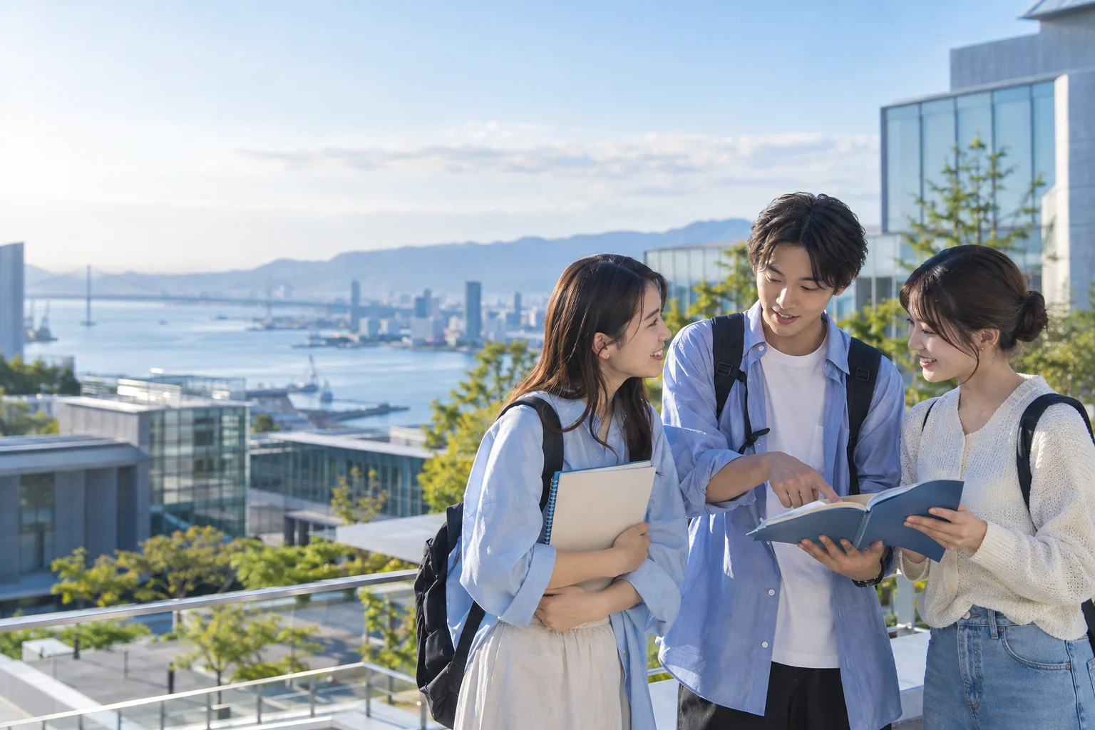 キャンパスでノートを囲み、未来について話す学生たちのイメージ