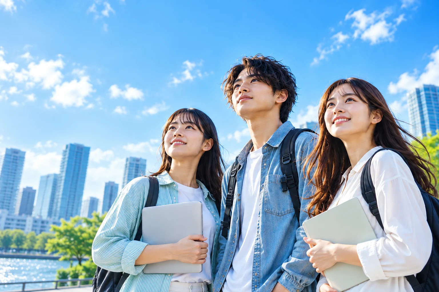 青空の下、未来を見つめる3人の学生のイメージ